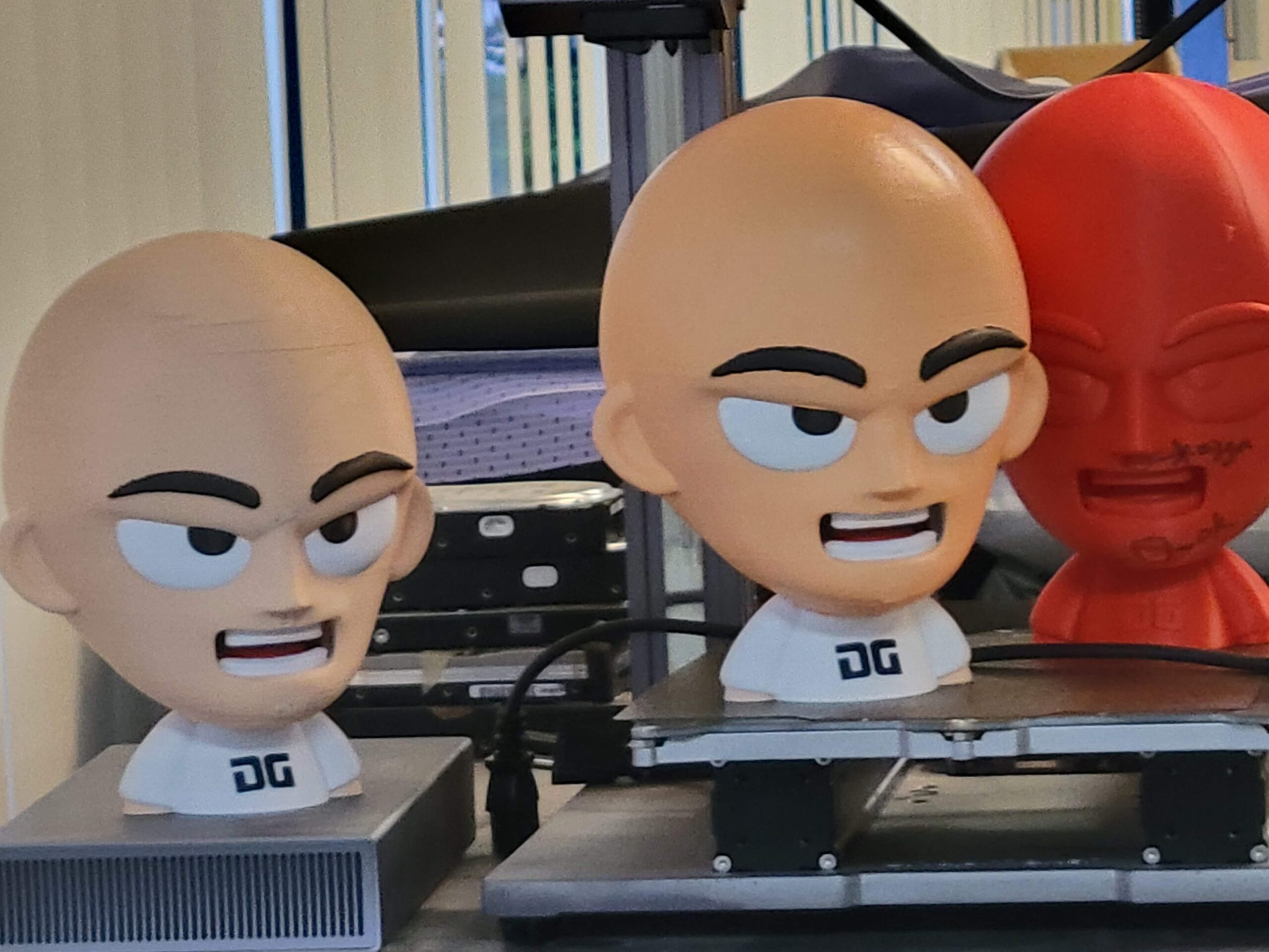 White and red printed heads
